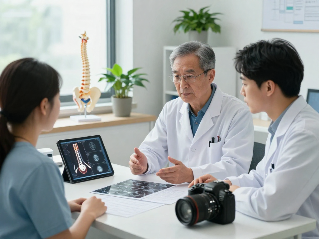 Patient discussing Boyun fıtığı ameliyatı with surgeon in a professional medical setting.