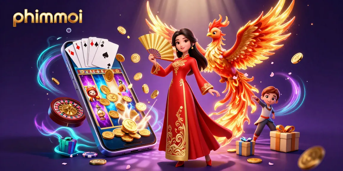 Engage in thrilling phimmoi action with a vibrant illustration featuring a beautiful woman in an ao dai surrounded by casino elements.