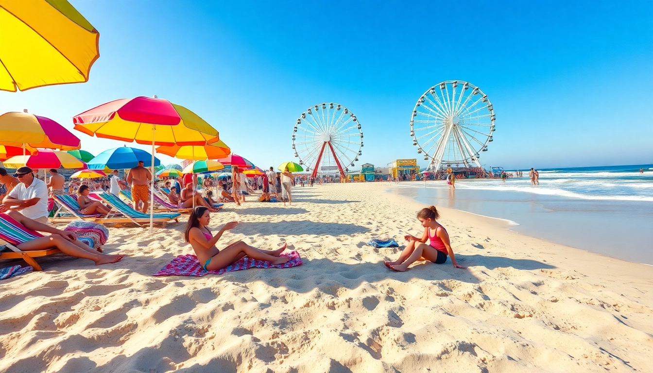 Enjoying the sun at https://myrtlebeachsc.com/ with colorful umbrellas and sandy shores.