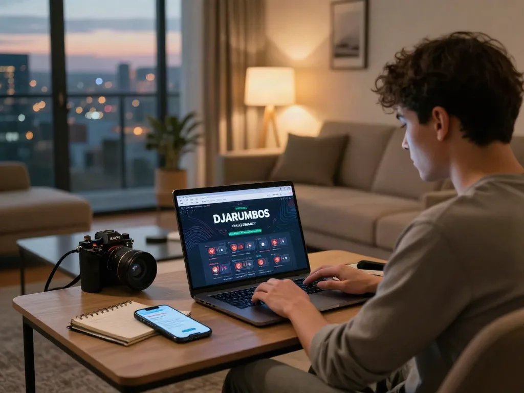 Engaged user exploring DJARUMBOS LINK ALTERNATIF on a laptop in a stylish living room setting.