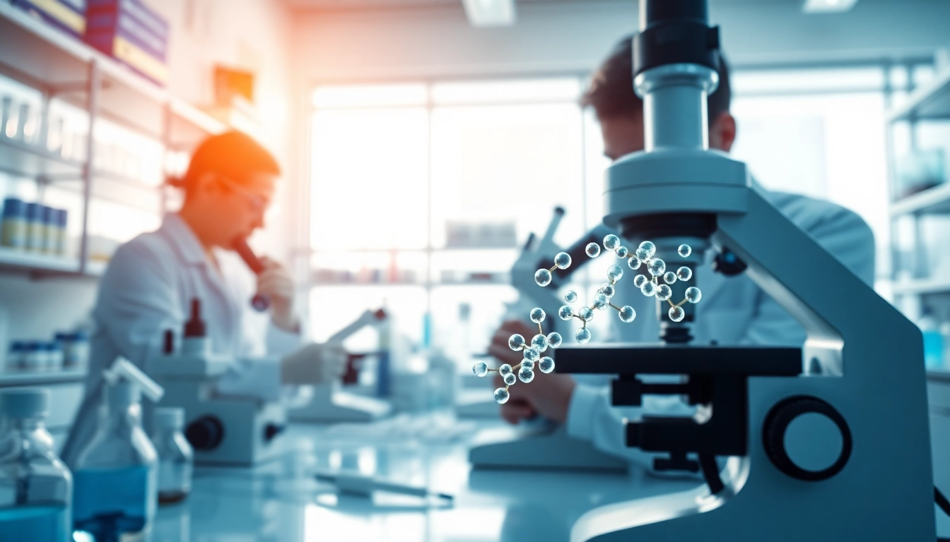 Analyzing research peptides in a professional laboratory environment with advanced equipment.