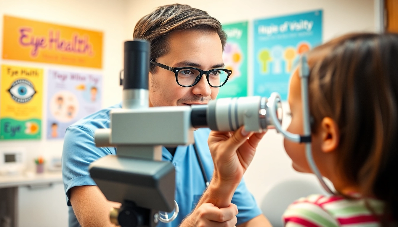 Our Children's Vision highlights a healthcare provider examining a child's eyesight in a supportive clinic.