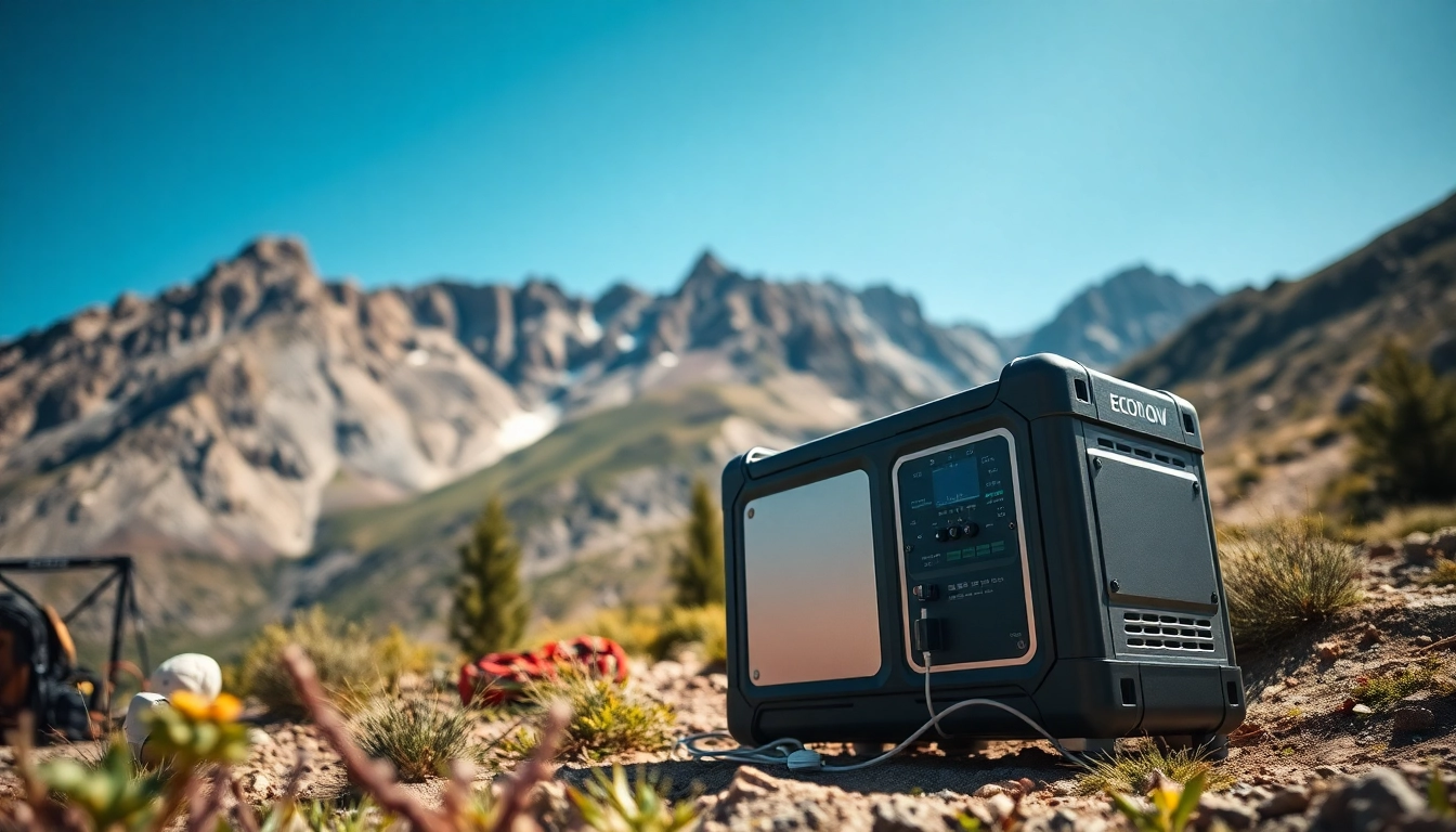 EcoFlow portable power station displayed outdoors against a mountain backdrop, evoking adventure.