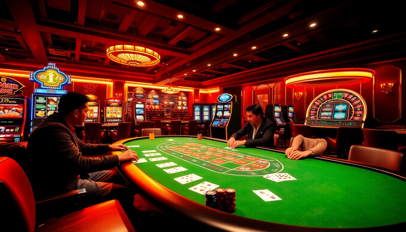 Players vying for victory at nhà cái thabet poker table amid luxurious casino ambiance.