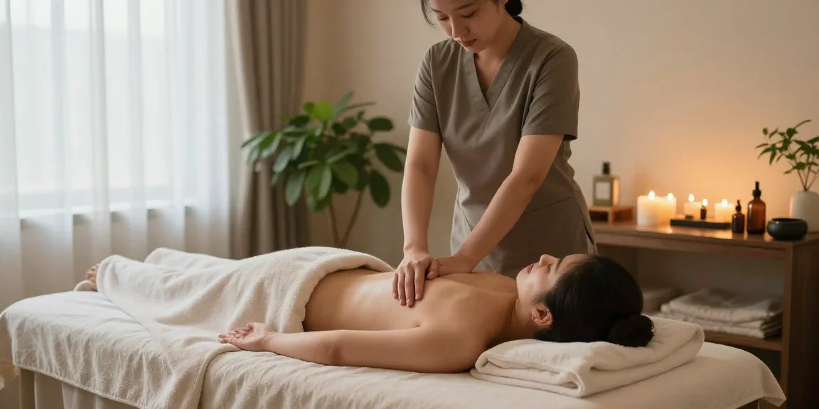 성정동마사지로 편안한 마사지 공간에서 치료사가 고객에게 스웨디시 마사지를 제공하는 모습.