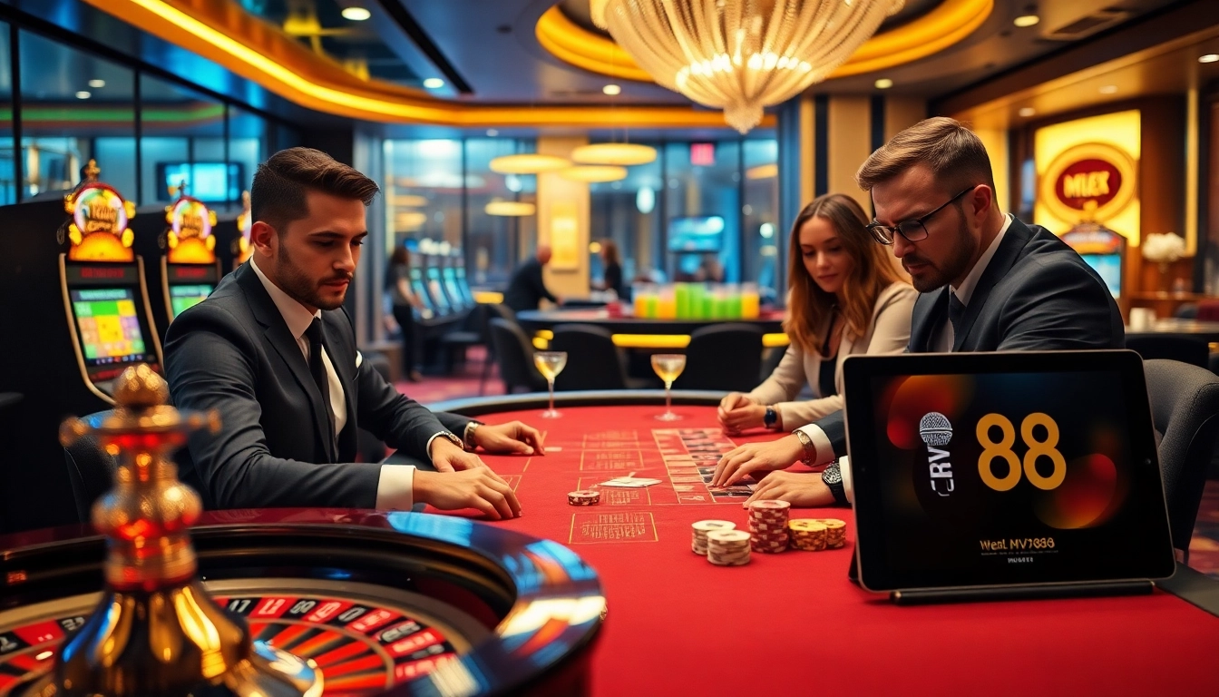 Gamblers enjoy luxury at a casino with MV88 microphones enhancing their strategy discussions.