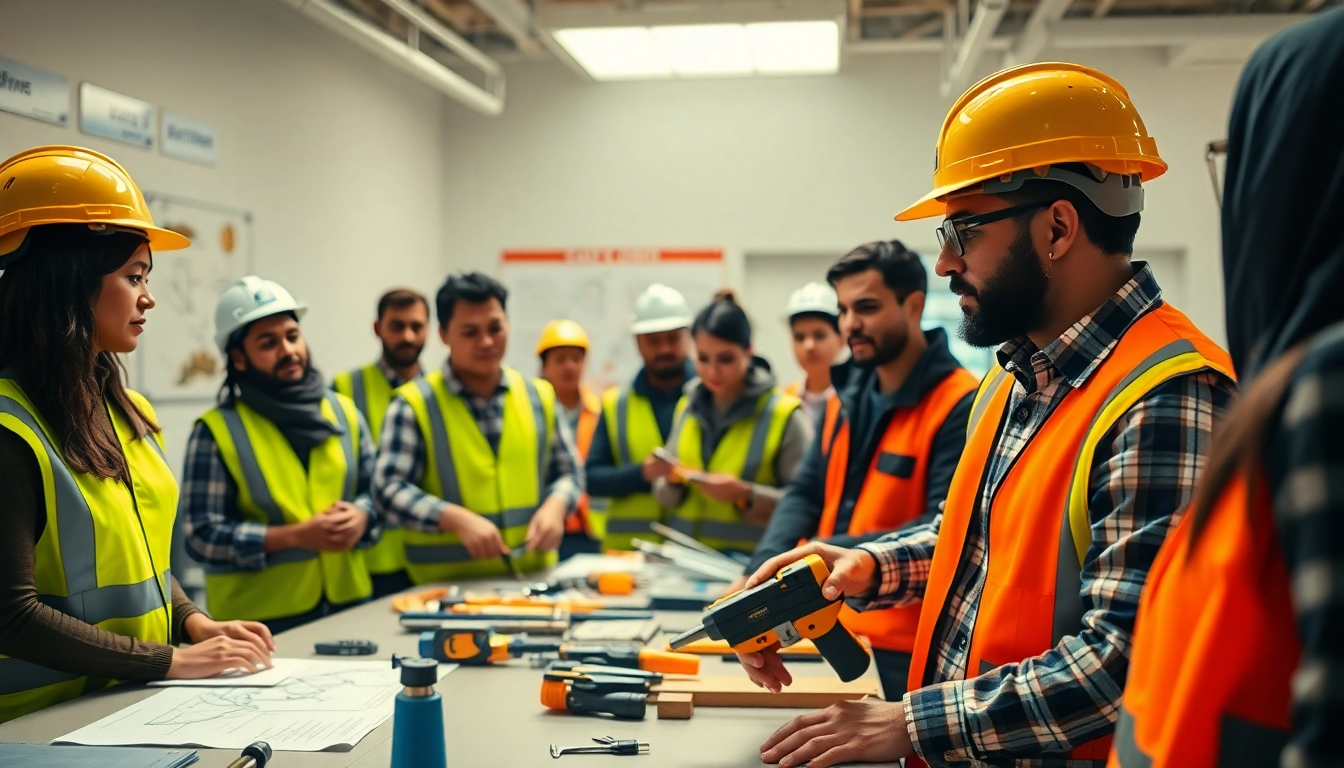 Engaged participants in a construction workforce training session, showcasing diverse skill development.