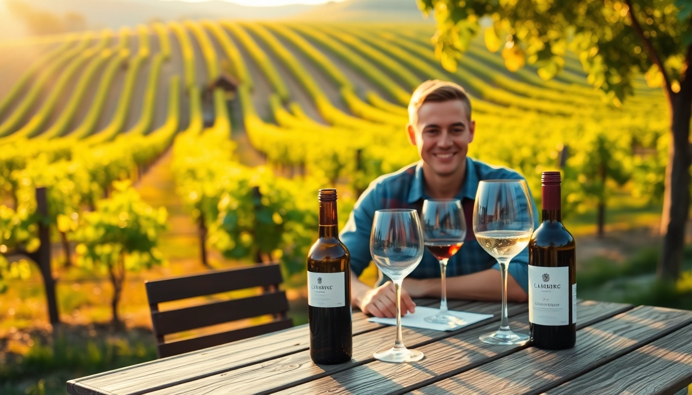 Couple enjoying a Clarksburg wine tasting in a scenic vineyard during golden hour.