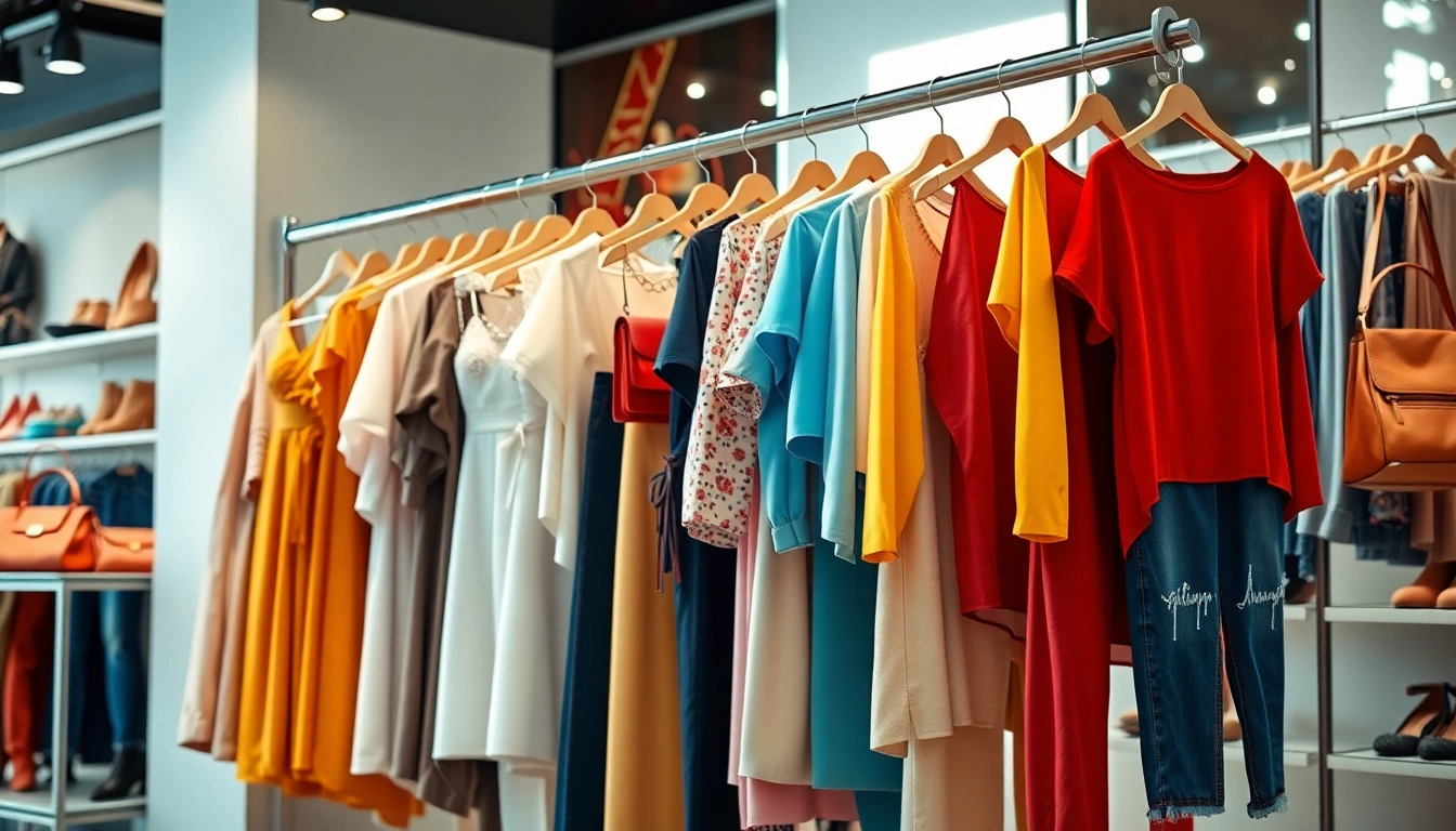 Showcase of women fashion clothes featuring dresses, tops, and accessories in a boutique setting.