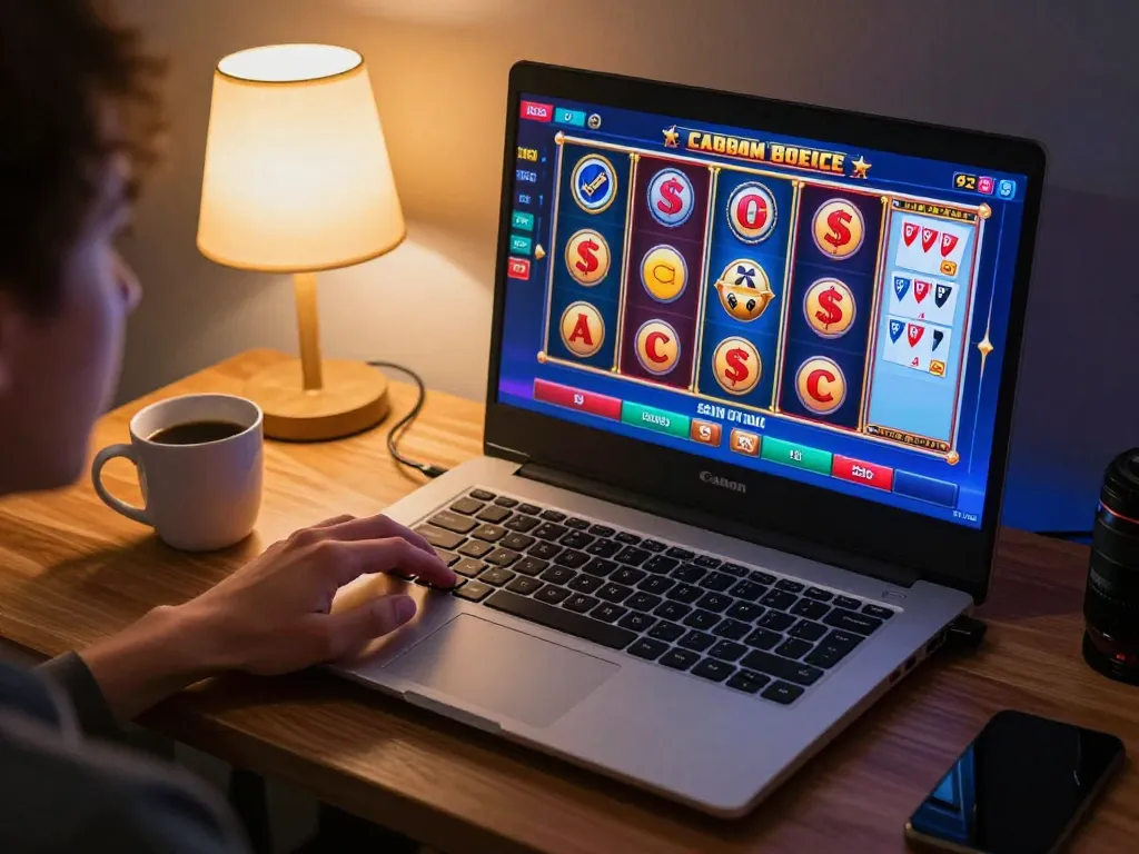 Person engaging in thrilling 92slot online gaming session on laptop at home, emphasizing responsible gambling.