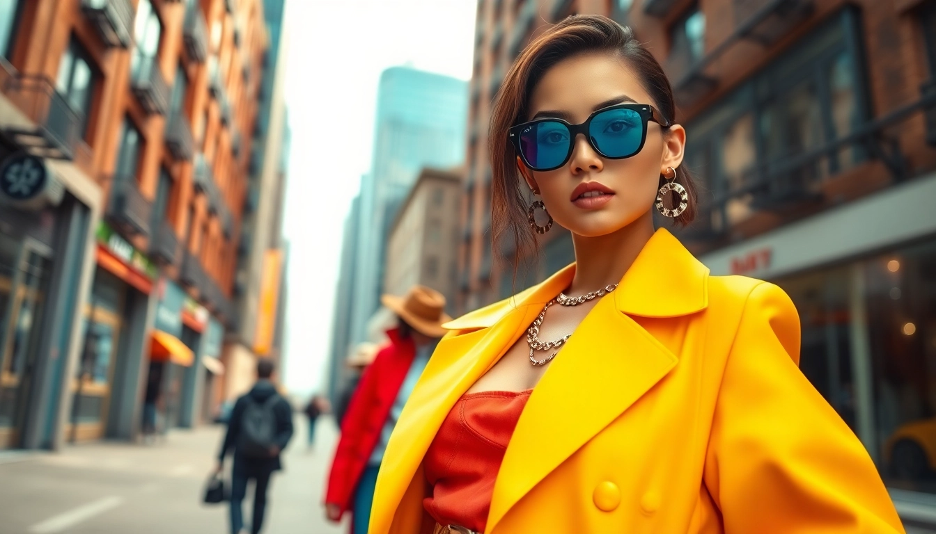 Fashion model showcasing bold street style in an urban setting, radiating confidence.