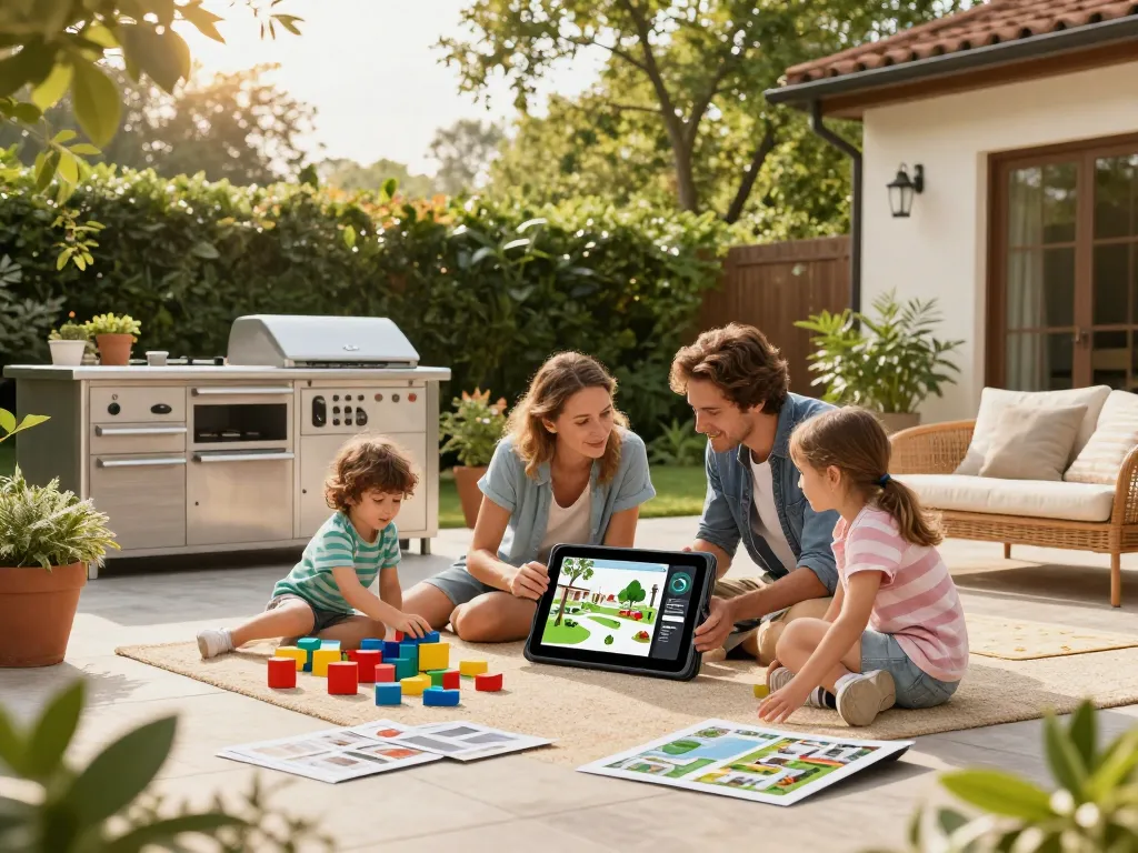 Engaged family using configuratore 3D outdoor tool for their patio design.