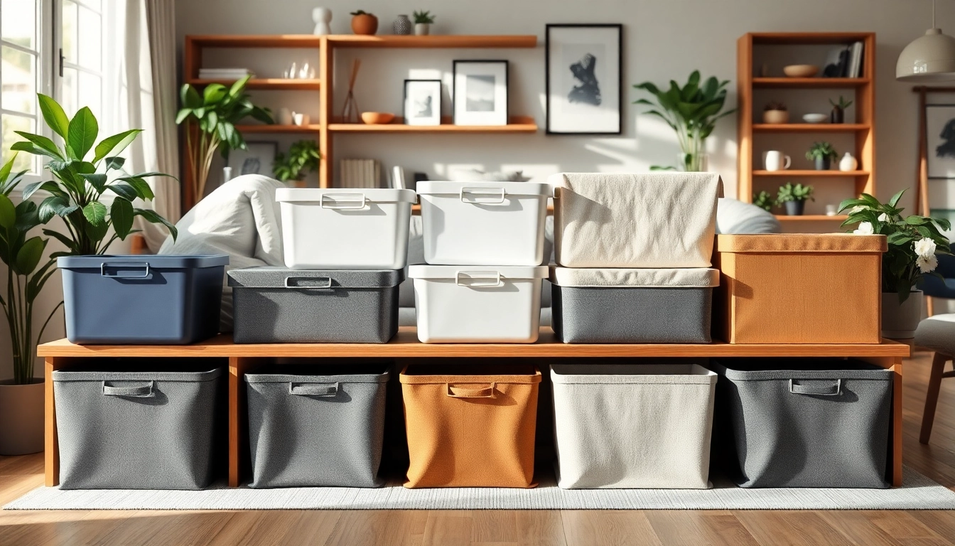 Showcasing various storage box designs in a stylish home environment, promoting organization.