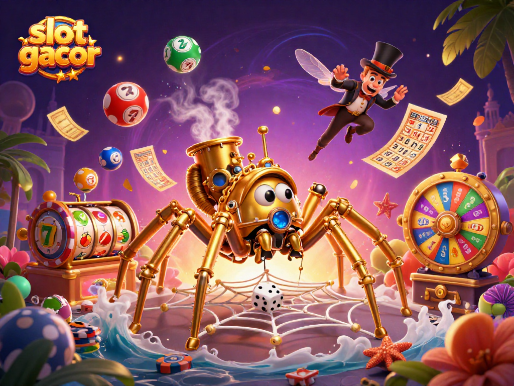Slot gacor menampilkan laba-laba steampunk menangkap dadu sial dalam jaringan emas pada ilustrasi 3D ceria.