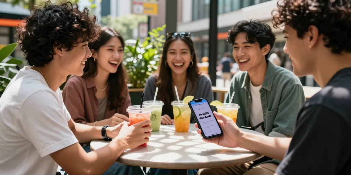 Group of friends sharing the rokok88 link alterantif at a vibrant café, enjoying drinks and laughter in a bustling urban setting.