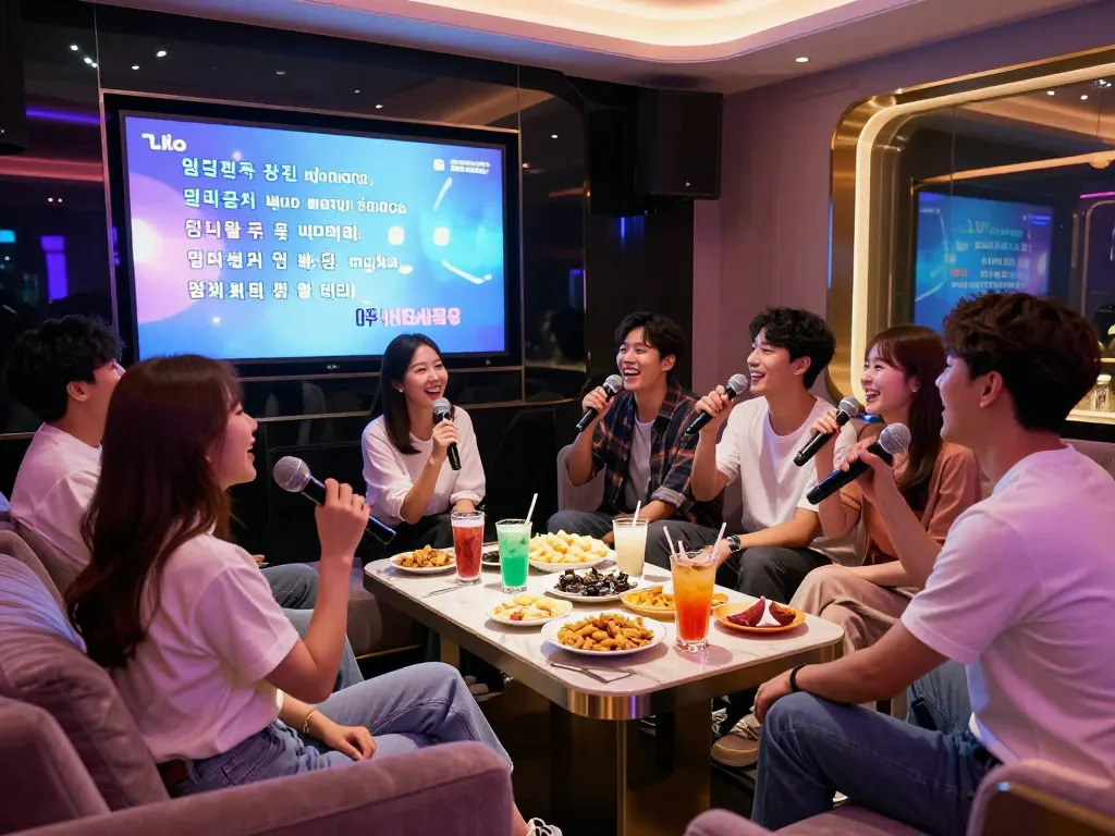 부평쓰리노 노래방에서 음료를 즐기고 노래하는 친구들 그룹.