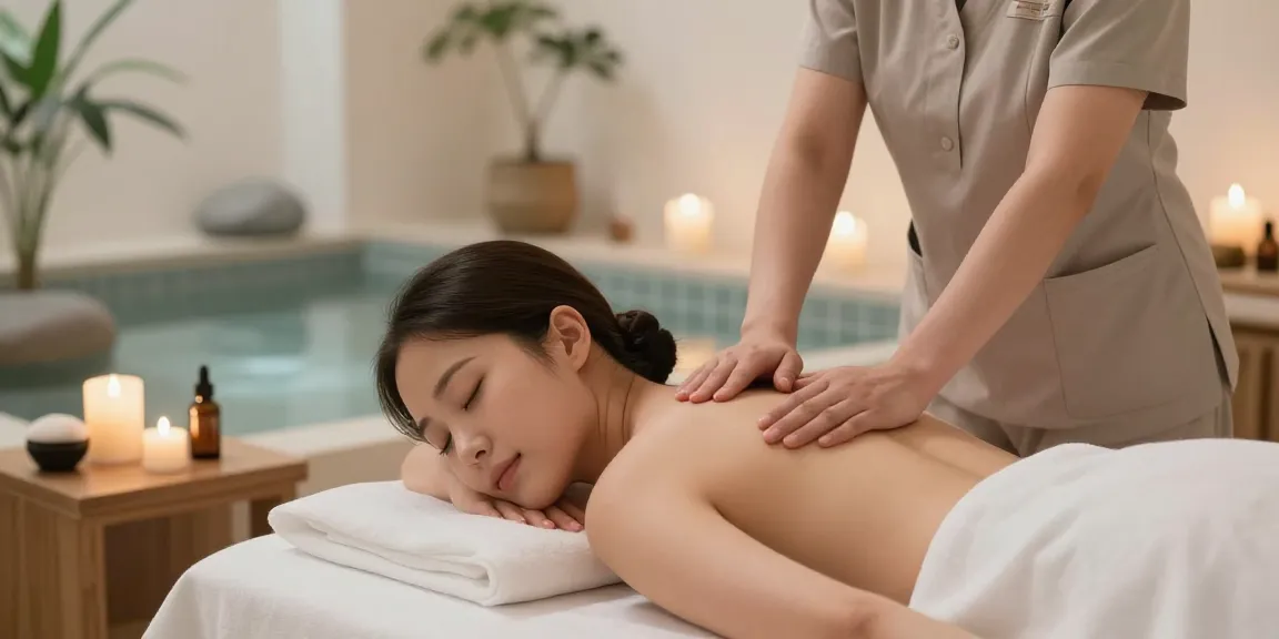 부산마사지에서 편안한 마사지를 받는 여성과 평화로운 스파 환경