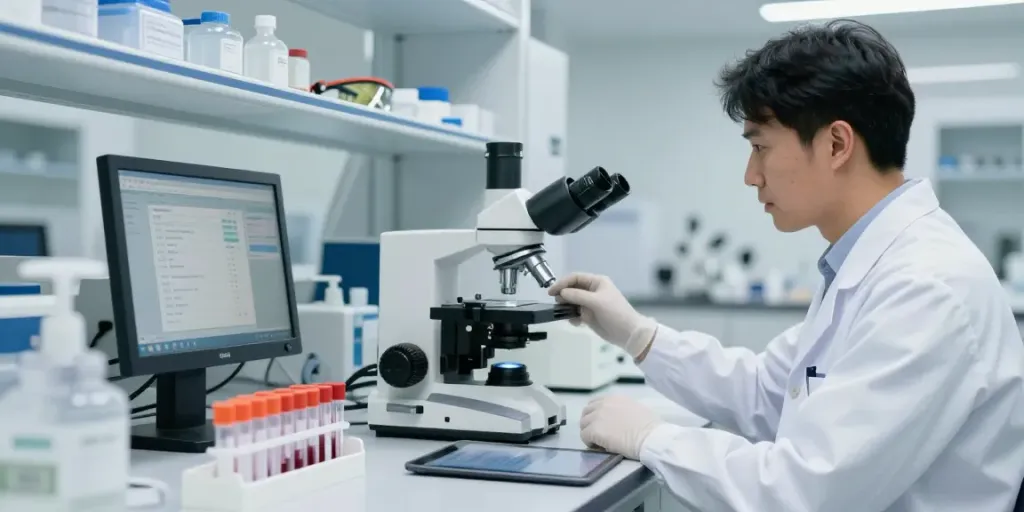 Laboratorios Chihuahua: técnico de laboratorio analizando muestras en un entorno clínico moderno.