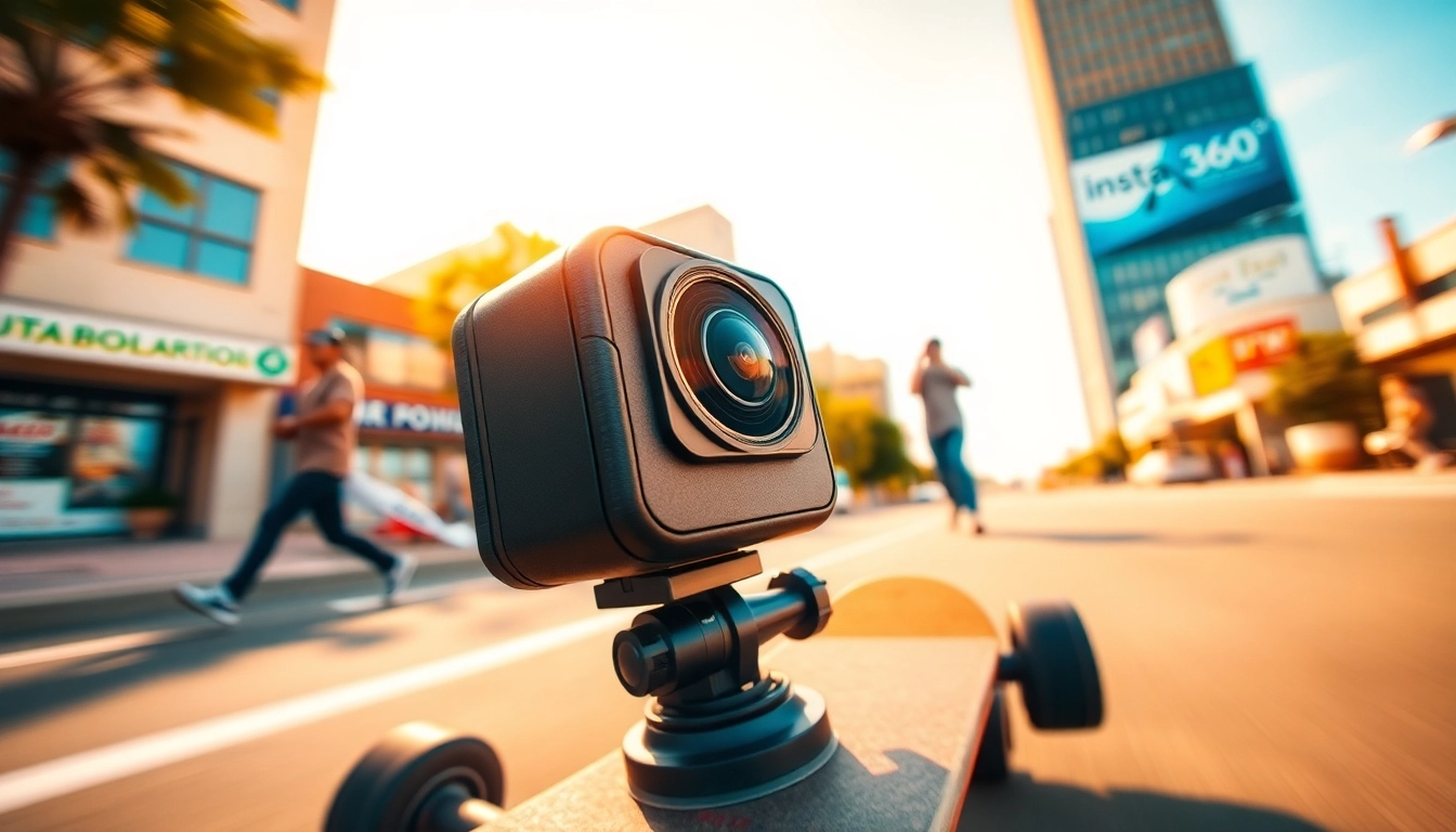 Capture dynamic moments with the Insta 360 GO mounted on a skateboard in an urban setting.