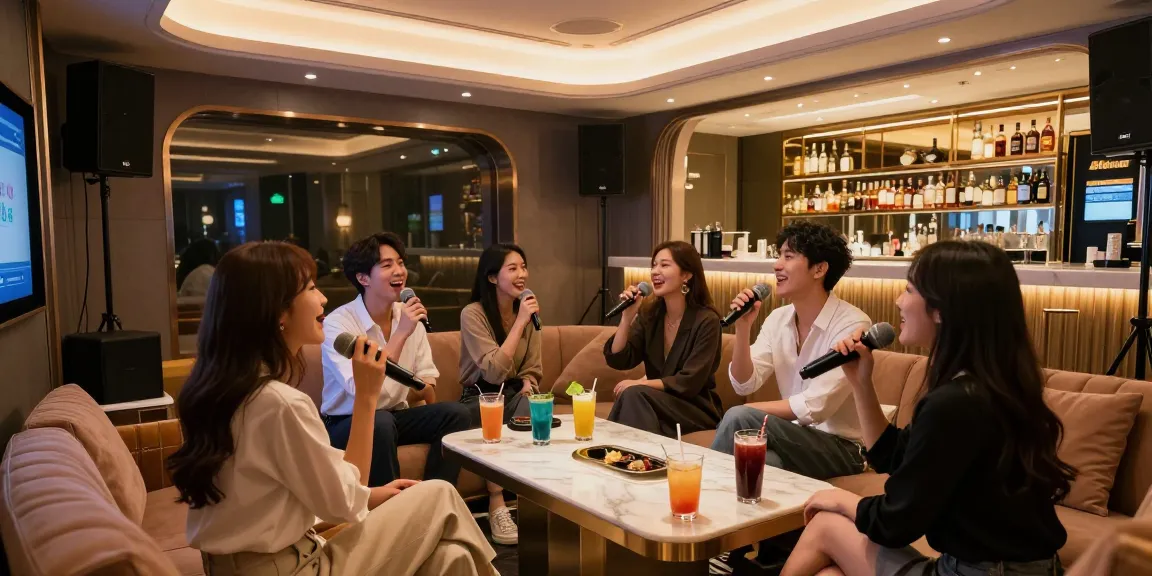 강남쩜오에서 친구들과 즐거운 시간을 보내는 프리미엄 가라오케 룸의 우아한 장면