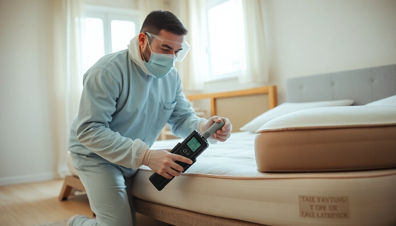 Bed bug exterminator inspecting a mattress for infestation treatment.