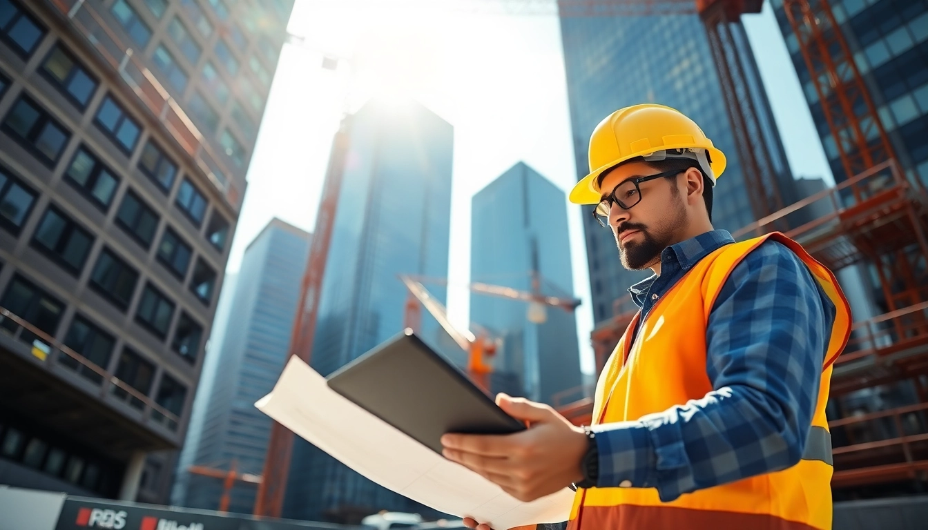 New York City General Contractor reviewing blueprints on a construction site with urban backdrop.