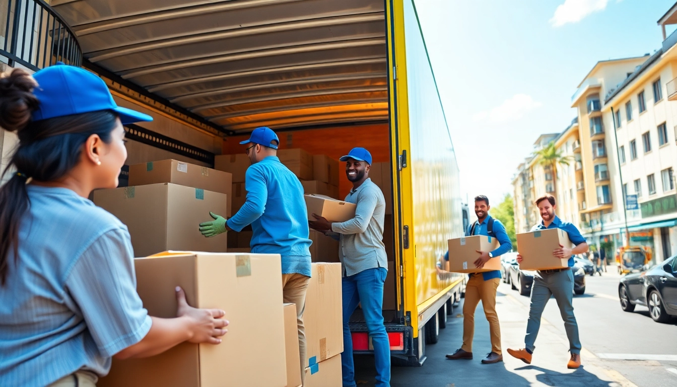 Efficient provincial moving & storage team loading boxes into a truck in an urban setting.
