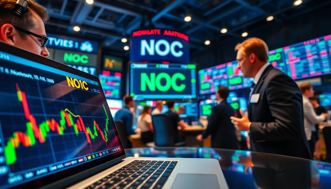 Visual representation of NOC stock price analysis amid traders and market activities.