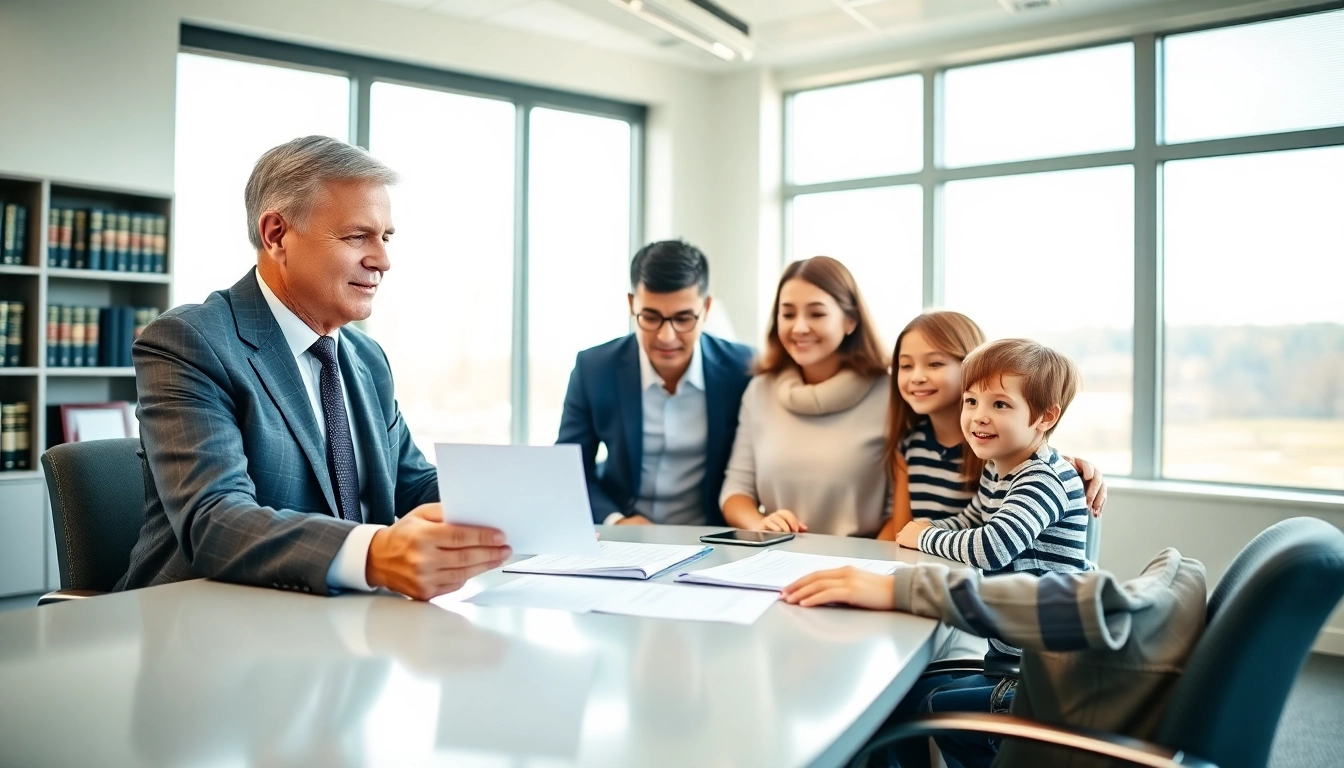 Consultation with a New Hampshire Immigration Lawyer helping a diverse family navigate immigration options in a warm office.