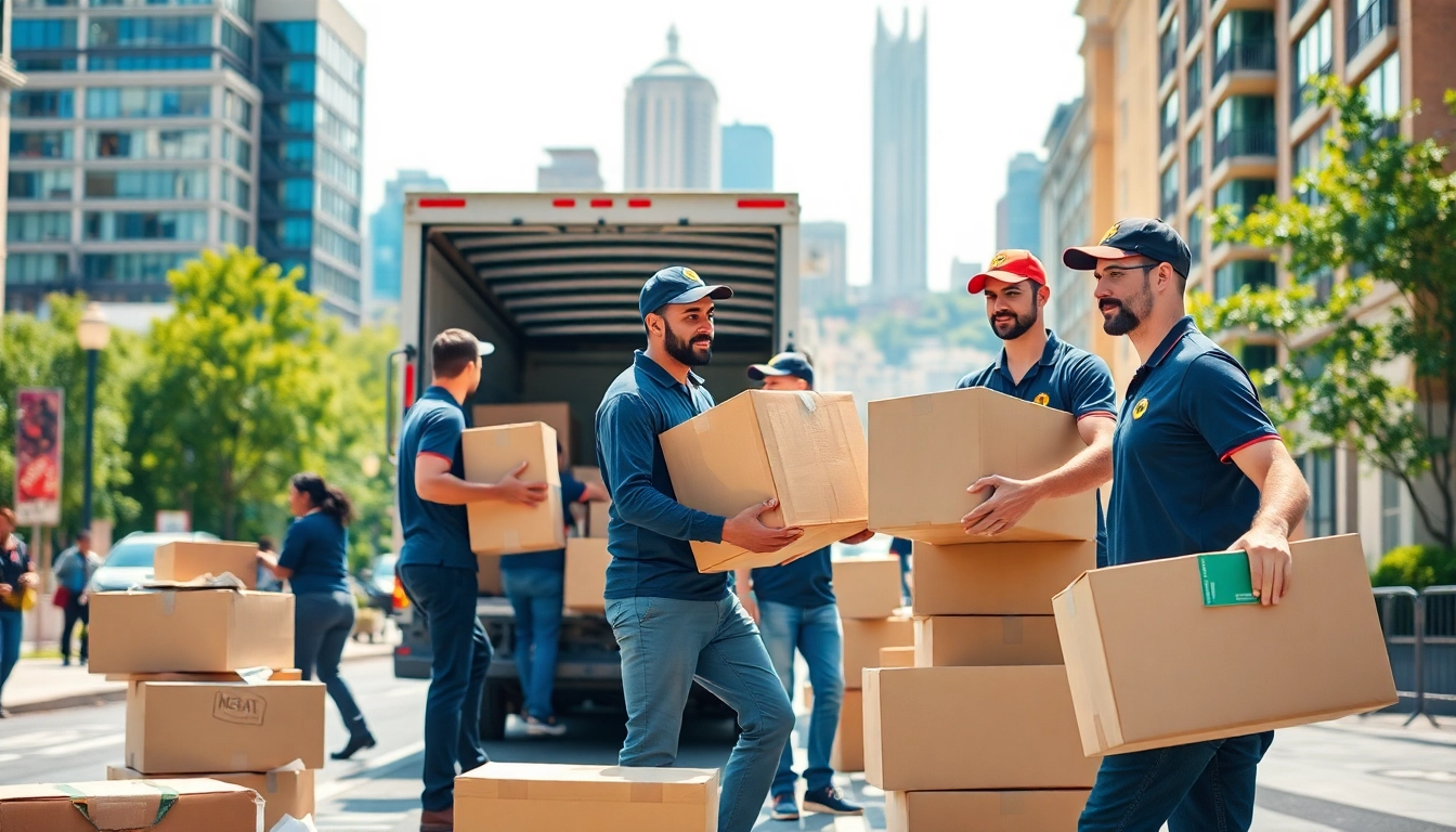 Movers and packers efficiently loading boxes into a truck in an urban cityscape.