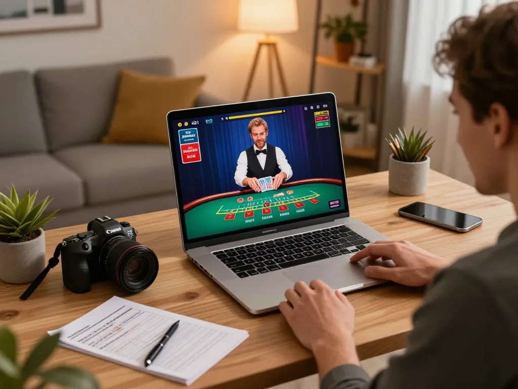 Player engaged in strategic gameplay at 678vip online casino, showcasing live dealer interaction and comfortable home setting.