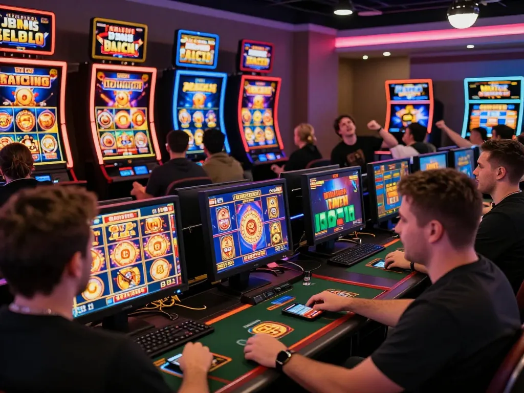 Exciting gameplay at an online casino featuring slot gacor hari ini, with players immersed in vibrant slot games and cheering for wins.
