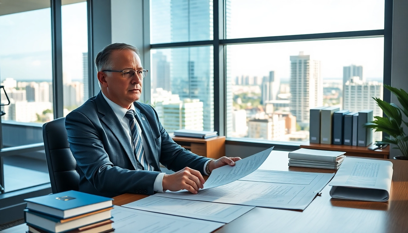 Boca Raton Construction Litigation Lawyer consulting clients in a modern office setting.