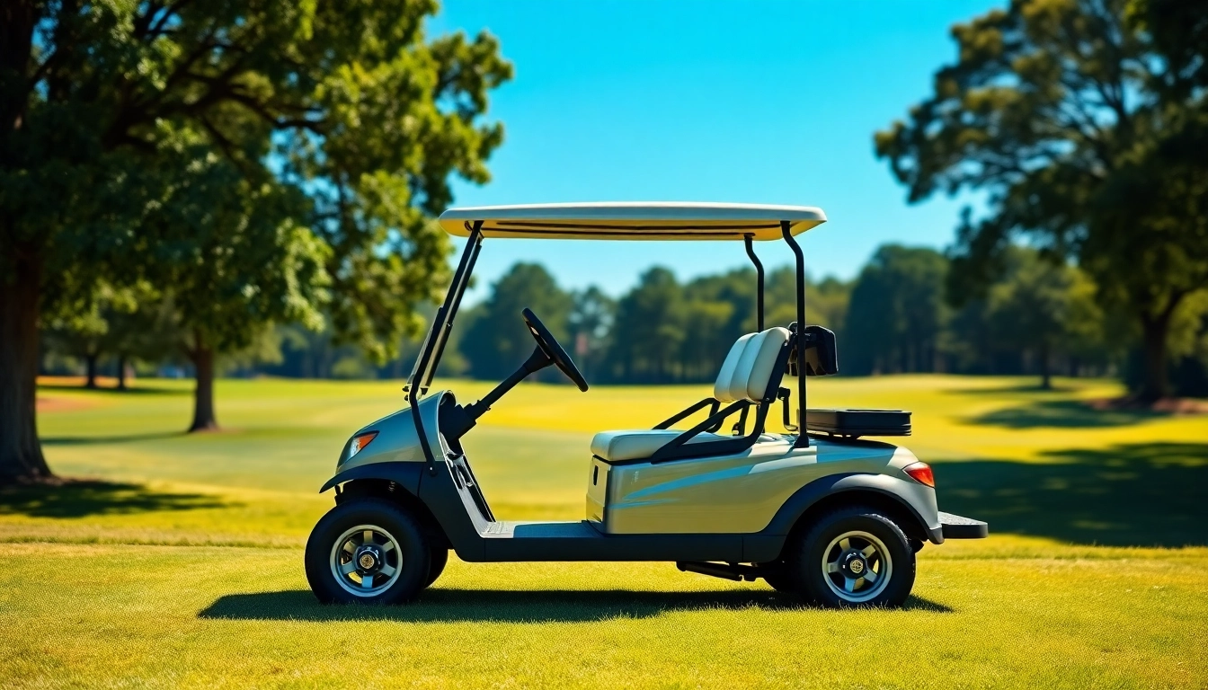 Showcasing a stunning golf cart for sale in a serene golf course setting with a vibrant green landscape.