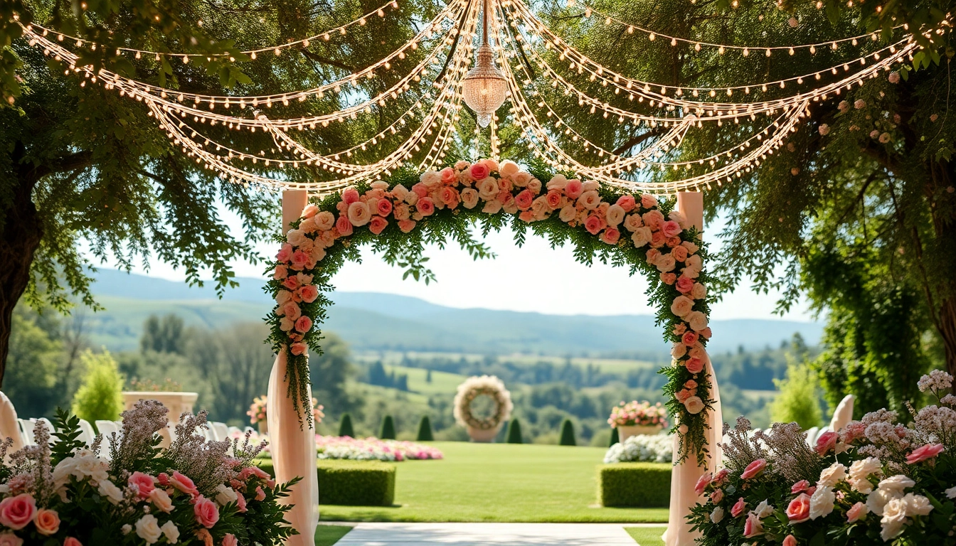 Weddings Venue beautifully decorated in a lush garden with fairy lights and an elegant arch.