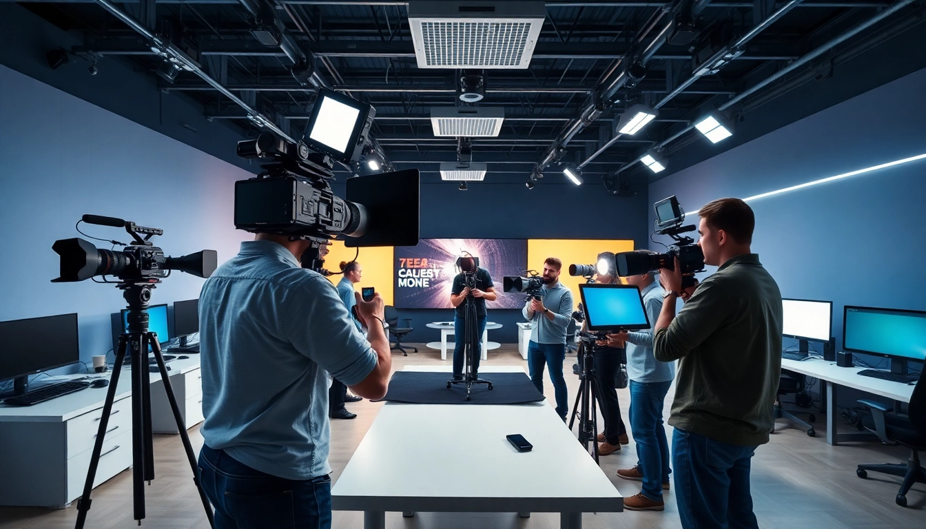 Engaging scene of a Commercial Video Production crew collaborating in a modern studio environment.