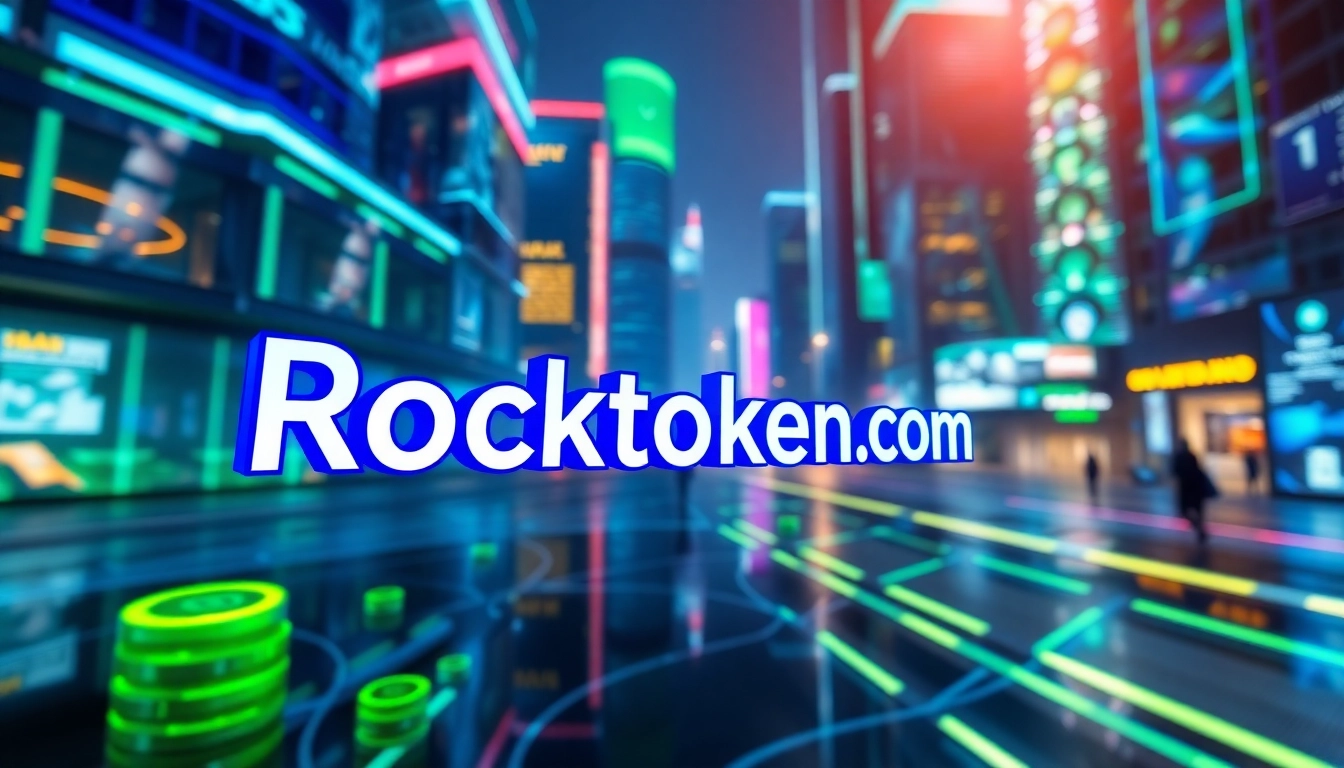 Engaging visual representation of Rocktoken.com showcasing digital tokens in a futuristic cityscape.