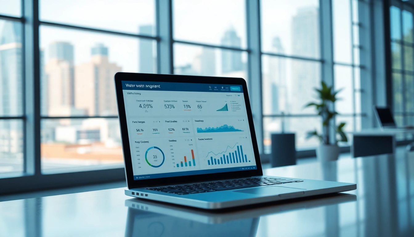 Visualize a water management interface at https://reticmanager.com with data analytics in a modern office setting.