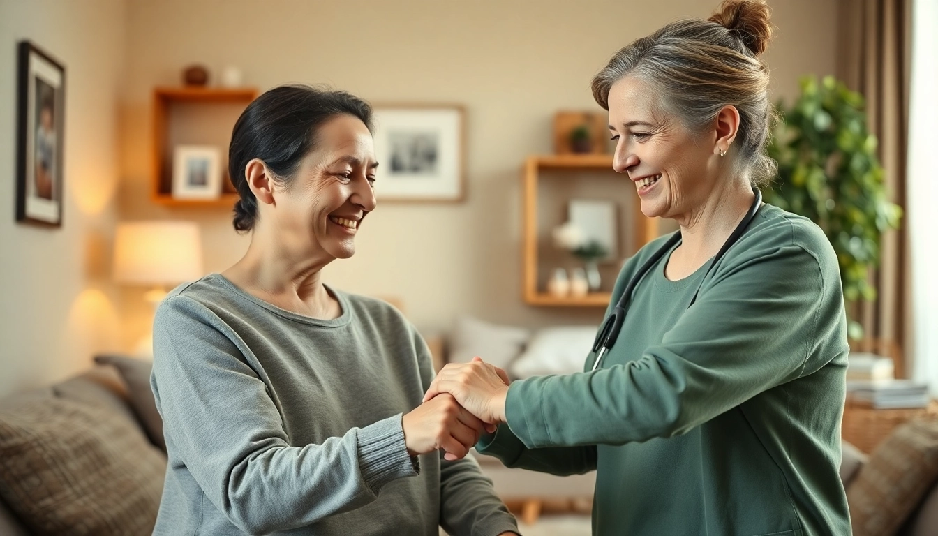 Engaging caregiver providing in home health care services near me for an elderly person in a cozy living room.