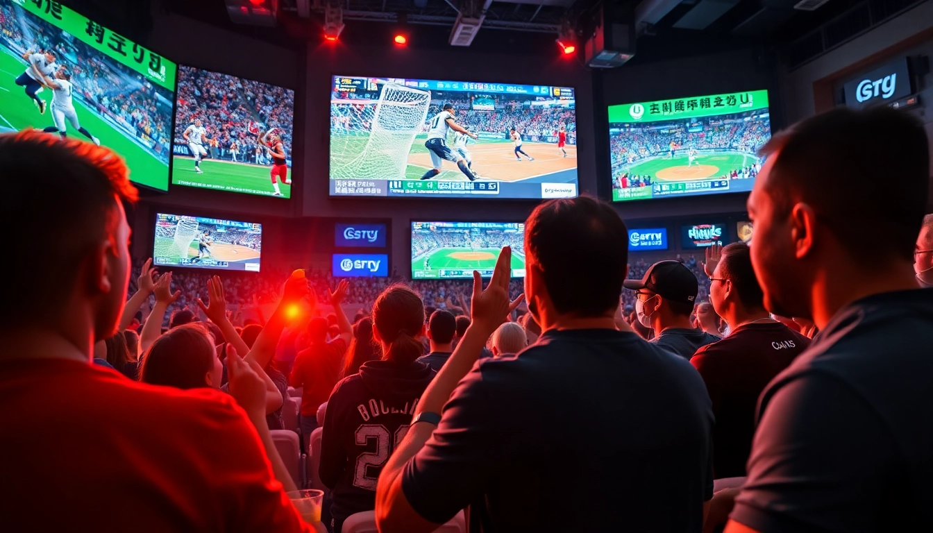 Engaging scene of sports fans enjoying live broadcasts on 토토티비 in high-definition, showcasing excitement and community.