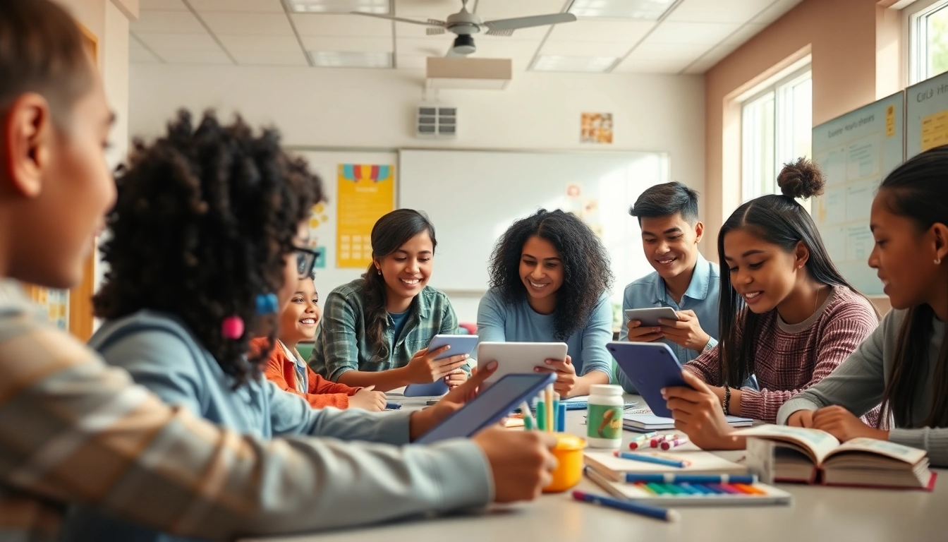 Dynamic education scene with students collaborating in a modern classroom