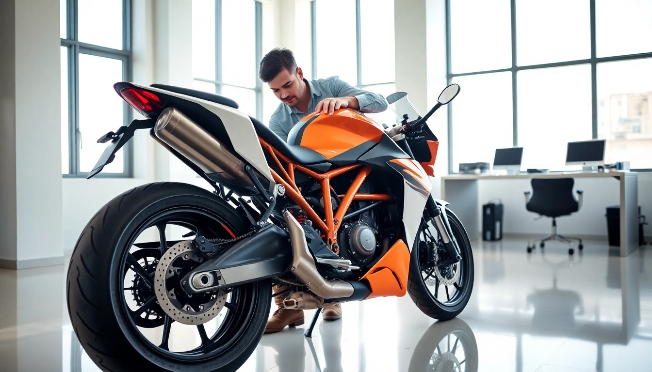 Motorrad Ankauf mit Experten in einem modernen Büro, fokussiert auf die KTM über die Qualität der Motorradbewertung.