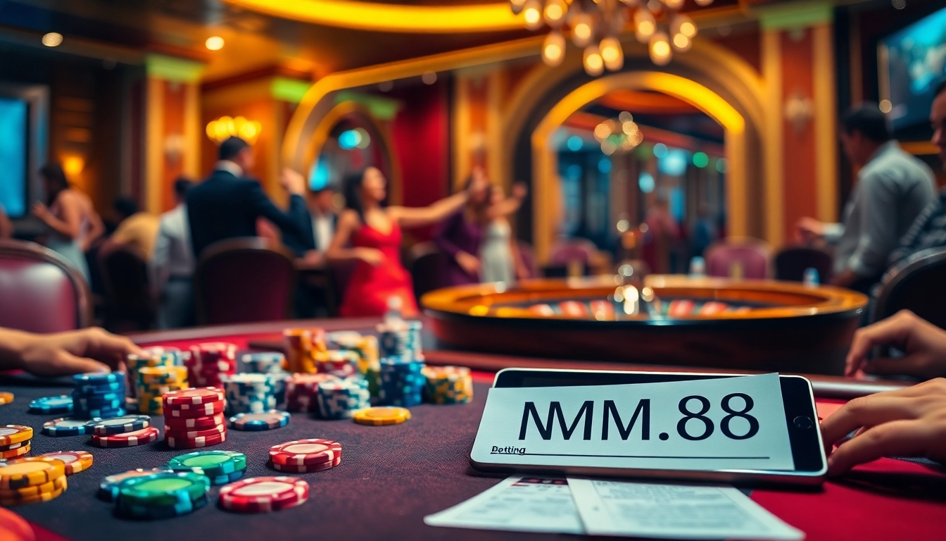 Experience the thrill of betting with Nhà cái MM88 at a vibrant casino table filled with colorful poker chips and cards.