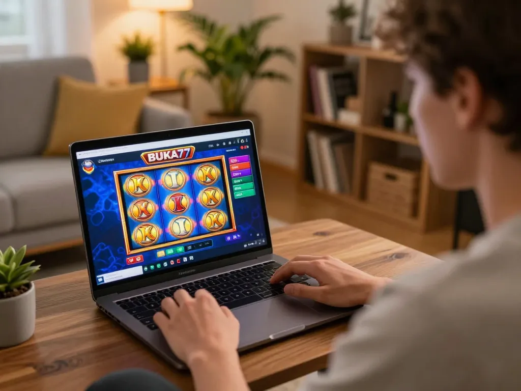 Player enjoying BUKA77 online slots in cozy living room, engaging and responsible gaming