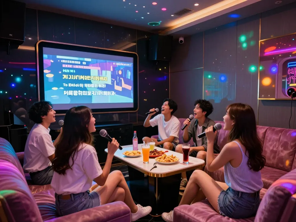 모던한 인테리어와 생동감 넘치는 분위기 속에서 활기찬 노래를 즐기는 그룹의 흥미로운 모습.