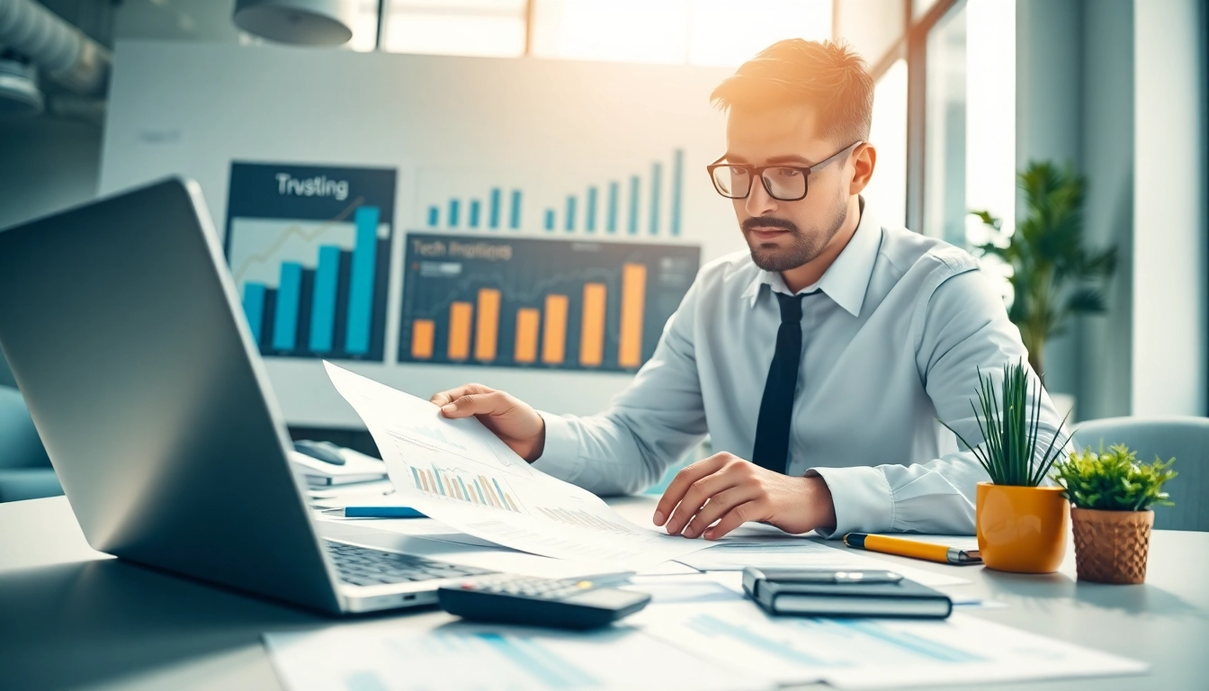 Engaged professional demonstrating startup accounting strategies with detailed financial documents in a modern office.