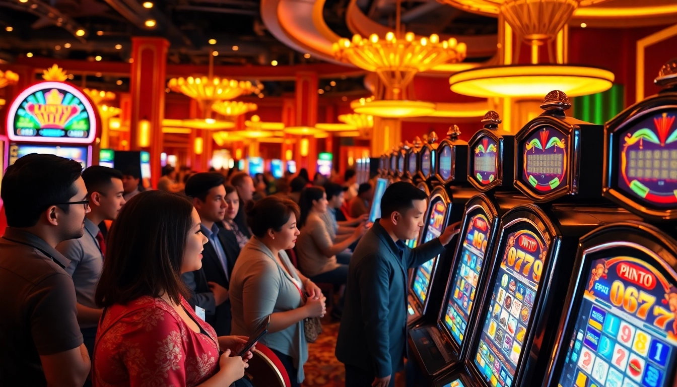 Main slot machine attractions with engaged players in a lively casino atmosphere.