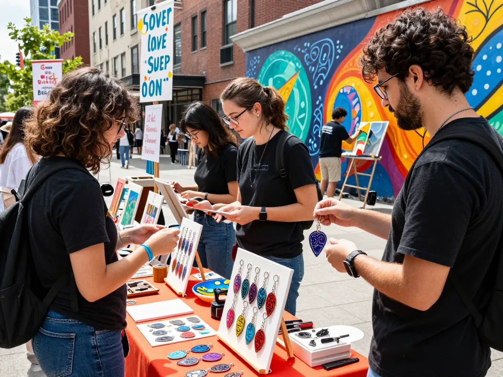 Custom acrylic keychains displayed at an urban art market with artists and vibrant creativity.