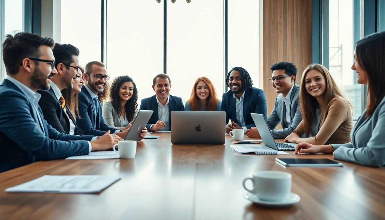 Hire sales reps showcasing a professional team engaging with clients in a bright office.