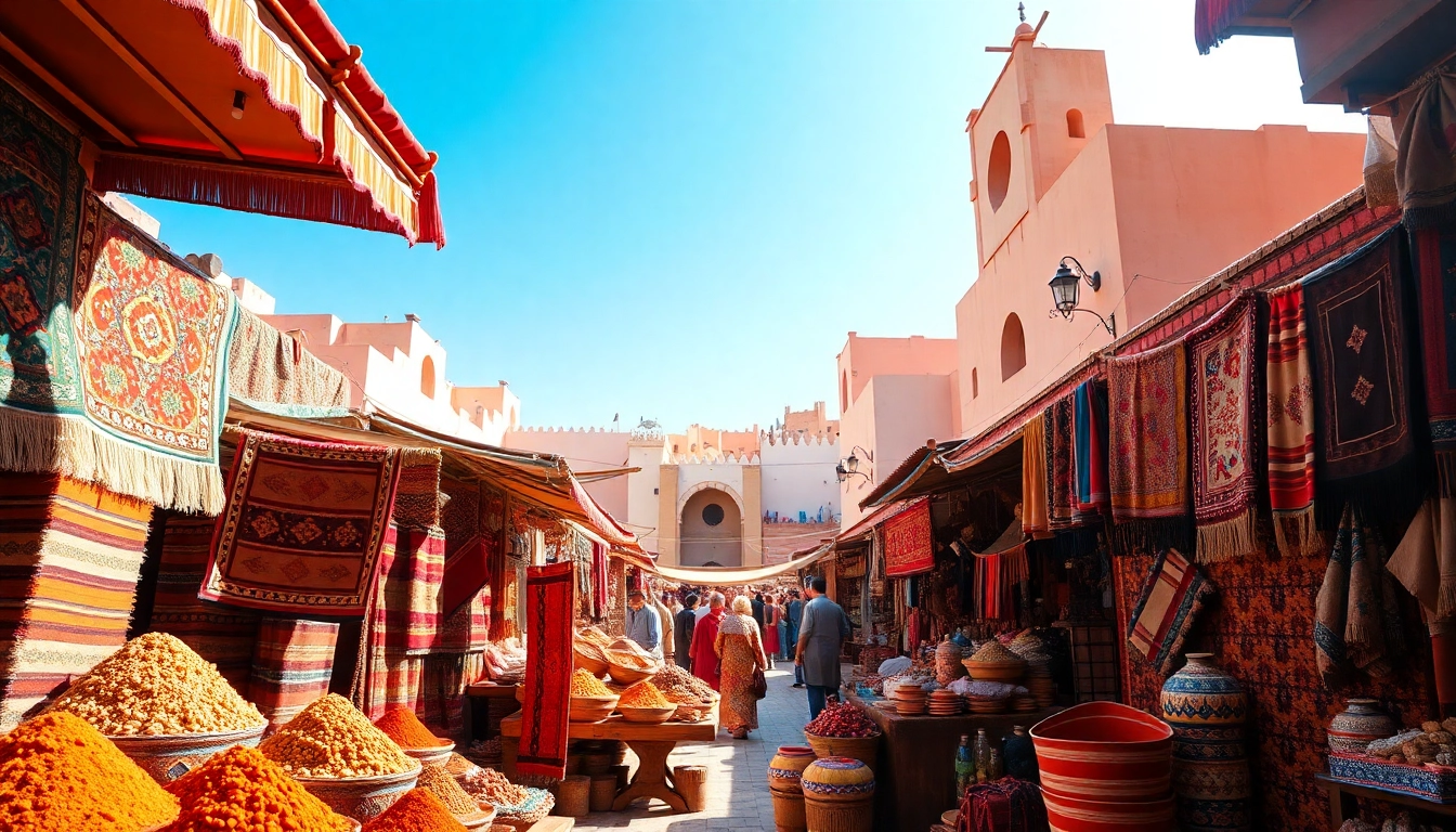 Immerse in morocco travel with this vibrant souk scene showcasing traditional textiles and spices.